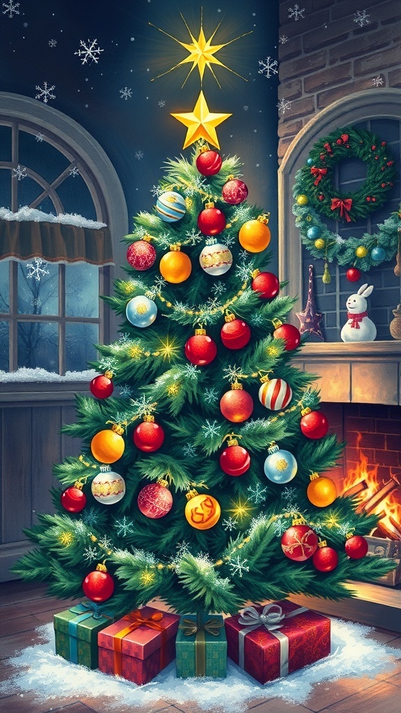 A realistic drawing of a Christmas tree adorned with ornaments and lights, set against a snowy backdrop.